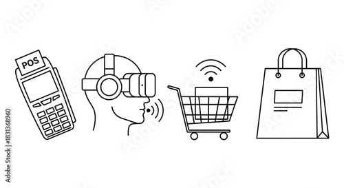 Virtual reality shopping vr commerce and pos terminal illustration