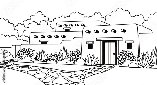 Southwestern adobe house illustration with desert landscape art