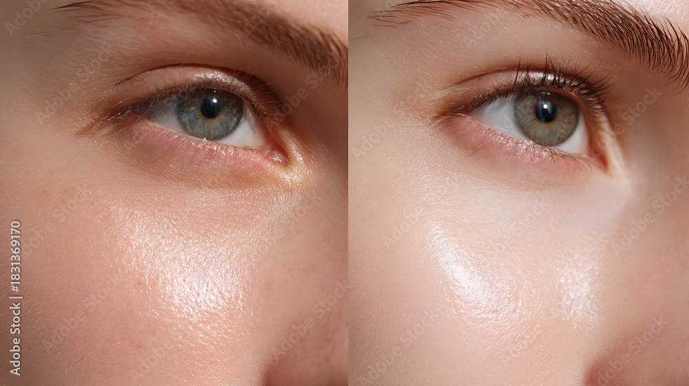 Fototapeta premium macro split view of cheek with large pores before vs refined smooth pores after,