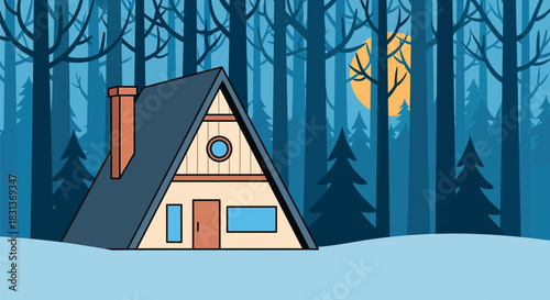 A frame cabin in snowy forest winter vacation rental concept