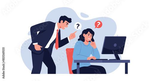 An angry male manager scolding his female employee, who appears stressed and confused at her desk in the office.