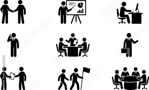Business People and Office Teamwork Icon Set. Vector silhouettes of corporate actions, meetings, presentations, handshakes, and communication isolated on white background