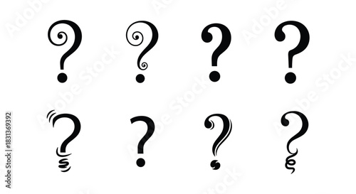 A collection of eight black question mark icons in a variety of simple and ornate typographic styles on a white background.