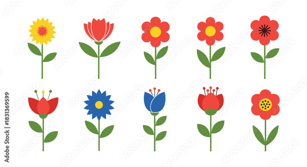 Obraz premium A beautiful collection of ten simple and colorful folk art style flowers with green stems and leaves isolated on white background.