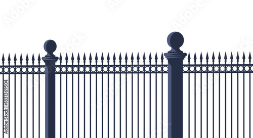A classic and elegant section of a black wrought iron fence with decorative posts and sharp spear-like tops.