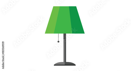 Minimalist flat vector illustration of a modern table lamp with a vibrant green conical shade isolated on a clean white background.