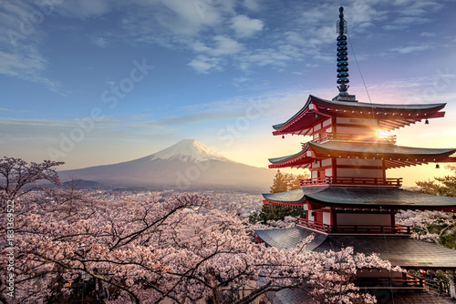 Fujiyoshida, Japan Beautiful view of mountain Fuji and Chureito pagoda at sunset, japan in the spring with cherry blossoms