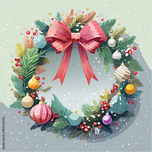 Festive Christmas wreath with red bow, ornaments, and winter foliage, perfect for holiday greetings, invitations, and seasonal designs with vector art appeal