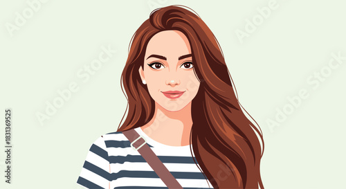 A beautiful vector portrait of a smiling young woman with long flowing brown hair and a friendly confident expression.