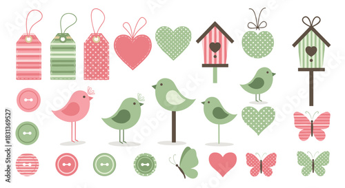 A charming collection of vintage-inspired scrapbook elements featuring birds butterflies and hearts in soft pink and green hues.