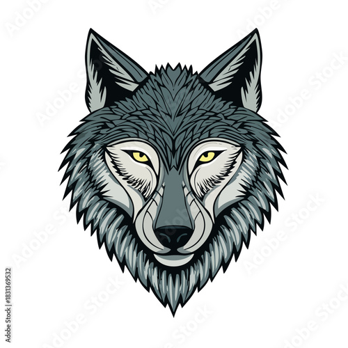 Striking wolf head with piercing yellow eyes, perfect for branding, logos, or majestic wildlife designs, embodying strength and wilderness spirit