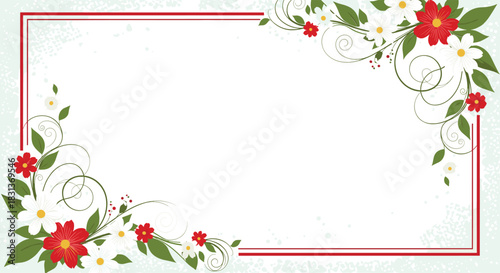 Elegant rectangular floral frame with red and white flowers and green swirling vines perfect for invitations or greeting cards.