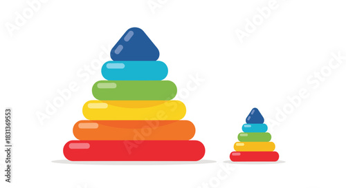 Two colorful rainbow stacking ring pyramid toys of different sizes for babies and toddlers isolated on a clean white background.