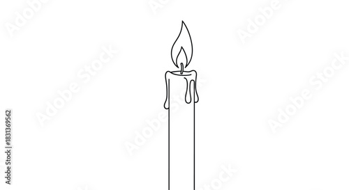 A simple and elegant continuous line drawing of a single burning candle with a bright flame and melting wax on a white background.