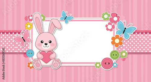 Adorable baby girl announcement card with a cute pink bunny holding a heart and a decorative frame on a striped background.