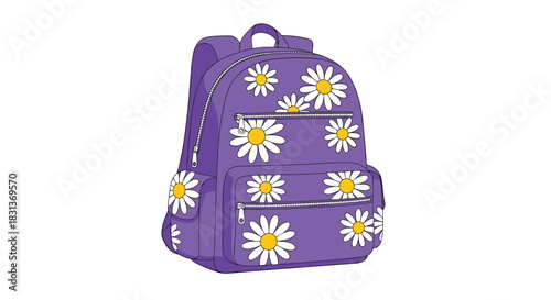 A stylish purple school backpack or rucksack for students decorated with a cheerful white and yellow daisy flower pattern.