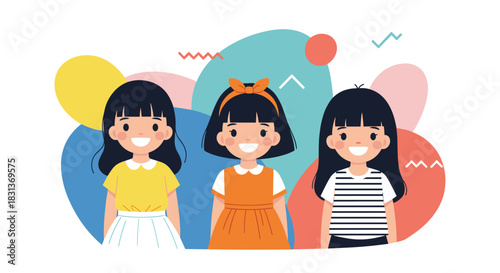 A cheerful illustration of three cute cartoon girls with black hair and bright smiles standing together against a colorful background.