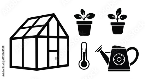 Greenhouse gardening equipment plants and tools vector graphics