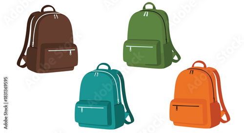A collection of four colorful school backpacks or rucksacks in brown green teal and orange colors on a plain white background.