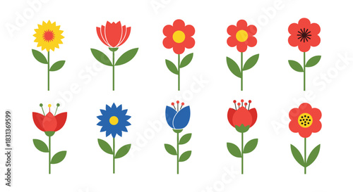A beautiful collection of ten simple and colorful folk art style flowers with green stems and leaves isolated on white background.