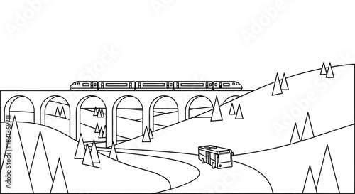 Cartoon train bridge bus landscape vector illustration design