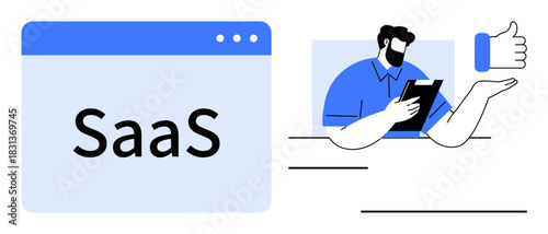SaaS browser window next to a professional holding a clipboard and large thumbs-up. Ideal for technology, software solutions, business, teamwork, feedback, user experience, simple flat metaphor