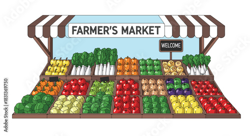 A vibrant cartoon illustration of a bustling farmer's market stall showcasing an abundant variety of fresh, colorful fruits and vegetables on display.