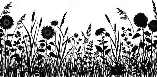 Five vector silhouettes of travelers walking in a line with backpacks, rolling suitcases, a briefcase, and one man pushing a baggage cart, representing airport passengers 