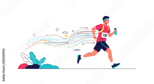 A male athlete sprints forward in a race, holding a water bottle and wearing a bib number, with abstract lines illustrating speed and dynamic movement.