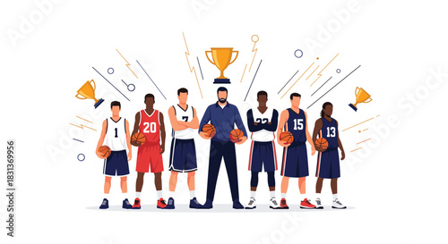 A diverse basketball team and their coach stand together with championship trophies, symbolizing teamwork, achievement, and sportsmanship.