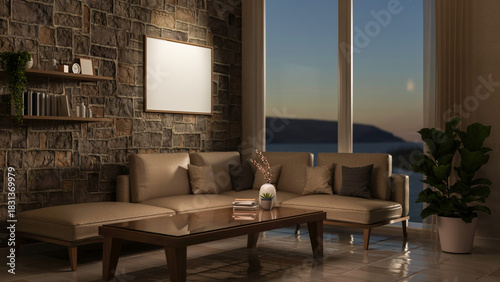 Fototapeta Naklejka Na Ścianę i Meble -  Frame on bricks wall over sofa couch and table on tile floor aside glass window with sunrise scenery