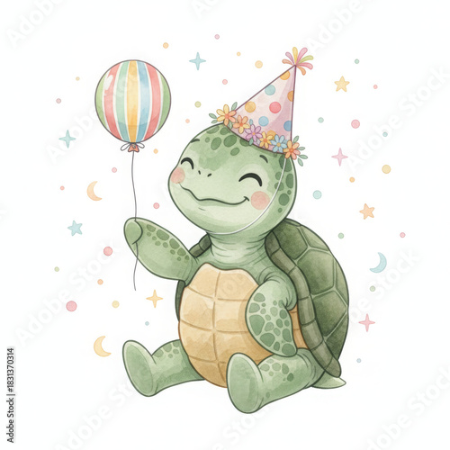 Cheerful baby turtle wears festive party hat, happily celebrating with colorful striped balloon. Gentle smile brings immense joy, perfect for children designs, birthday parties and fun themes