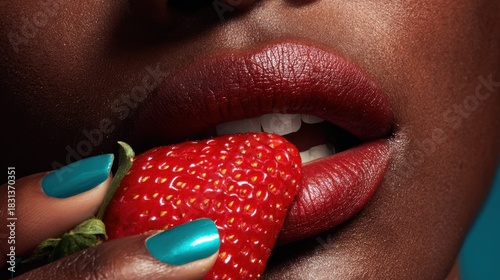 Close-up of glossy red lips biting a fresh strawberry.