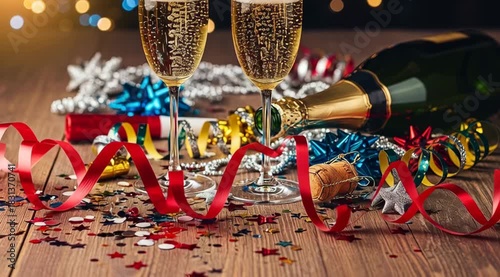 Two champagne flutes filled, bottle and festive decorations on a wooden surface, celebrating.