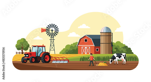 An engaging illustration of a rural farm scene, featuring a tractor tilling fields, a farmer, a grazing cow, a barn, silo, and a windmill.