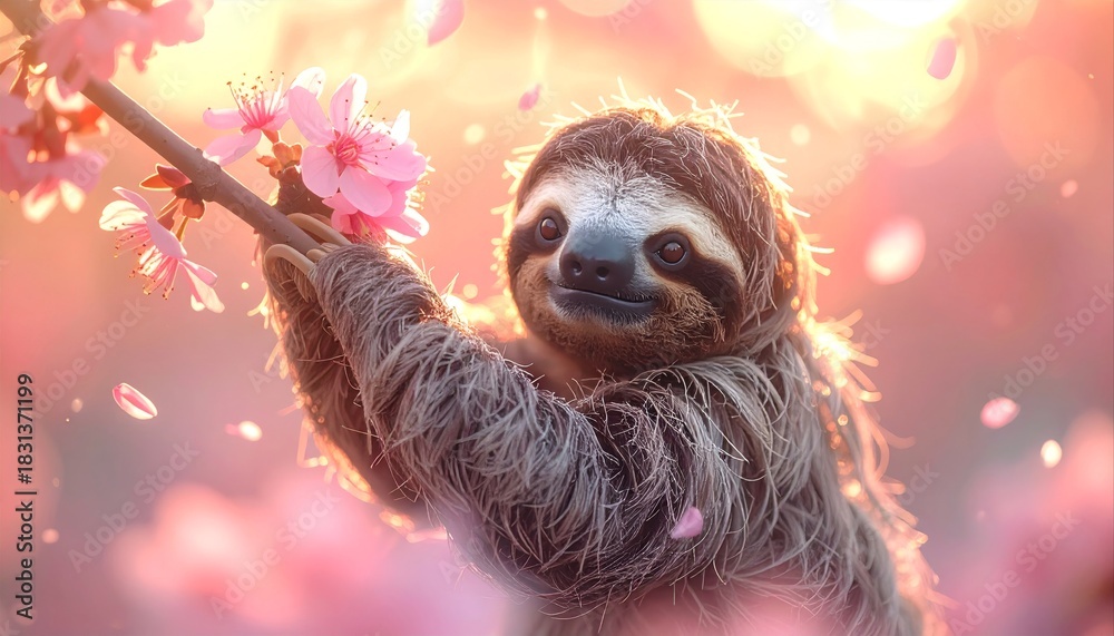 Naklejka premium Adorable sloth holding pink cherry blossoms in a dreamy golden hour glow, with falling petals.