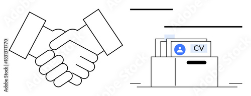 Recruitment concept. Recruitment with handshake and resume file hiring and employment. Recruitment tools for HR, job hunting, staffing, and career growth