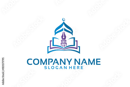 Islamic Education Logo Design with Mosque and Open Book.