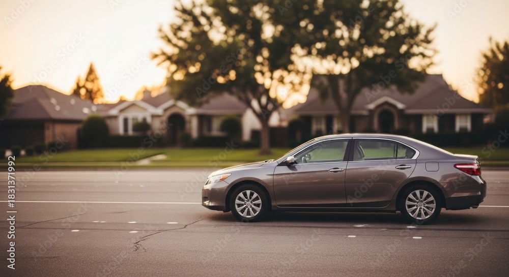 Fototapeta premium A gray sedan driving on a suburban street with a residential neighborhood in the background.