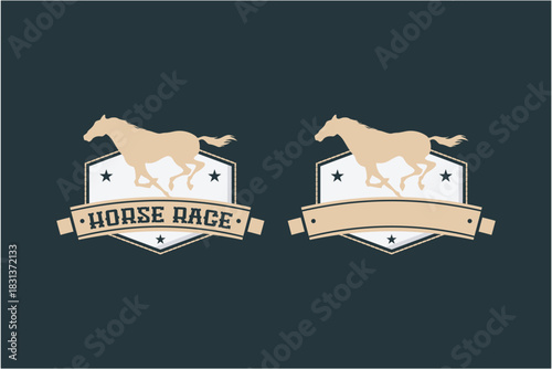 Horse Race Emblem Set with Running Horses and Shields.