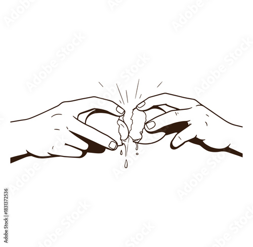 Hands cracking an egg freshly broken releasing the yolk and albumen in a simple illustration