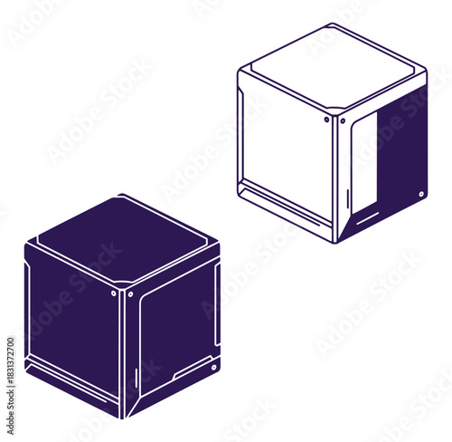 Isometric illustration of two stylized and modern cubic structures in white and deep purple