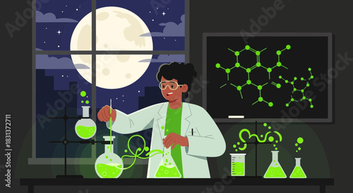 Scientist conducting experiments under moonlight in a luminous laboratory
