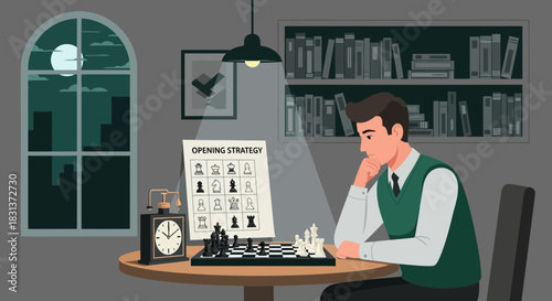 Pensive man devising strategies for chess game in a softly lit room