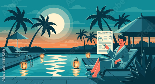 Relaxing by the pool with a wellness plan in a tropical retreat setting
