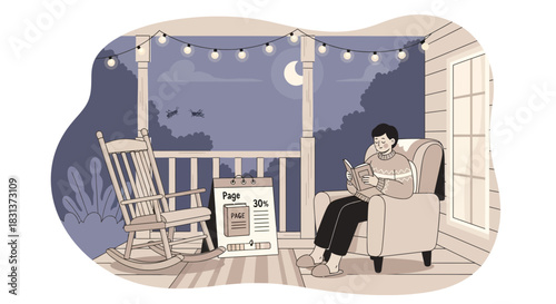 Serene evening scene of reading on the porch under the moonlight and string lights