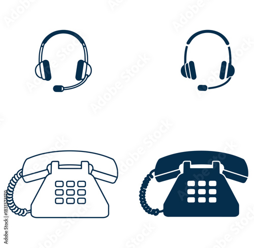 Retro telephone and headset icons illustrating customer service and communication themes in a vector format