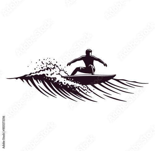 Silhouette of a surfer riding a wave isolated on a white background surfing concept