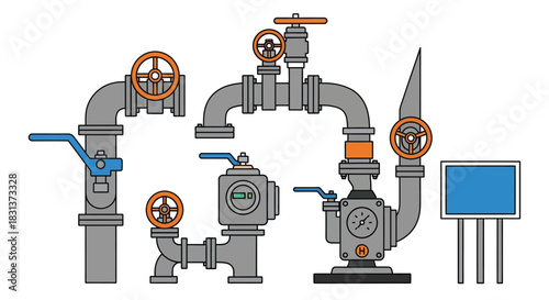 Industrial pipes and valves vector illustration for engineering