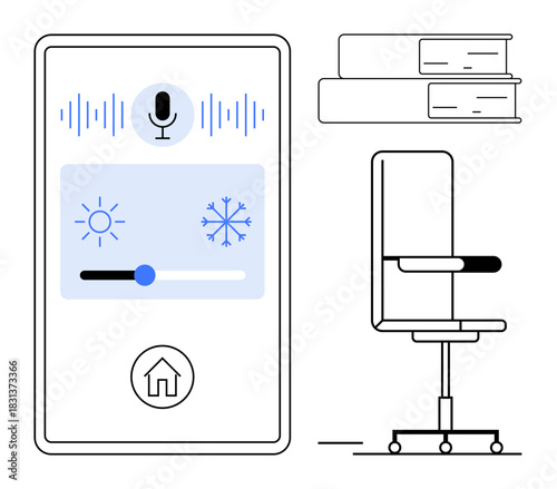 Smartphone displaying voice assistant interface with climate control, books on shelf, office chair. Ideal for smart technology, smart home, AI, remote control, productivity, workspace innovation